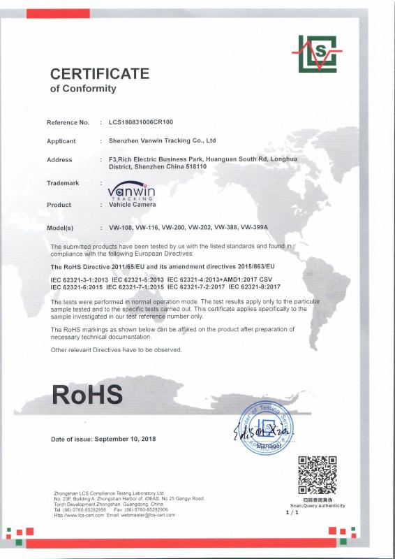 RoHS - Shenzhen Vanwin Tracking Co.,Ltd