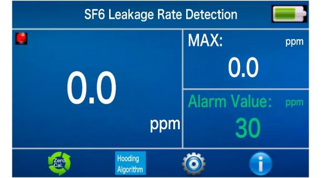 LF-03-FR SF6 Leak Detector main interface showing alarm indicators and control functions