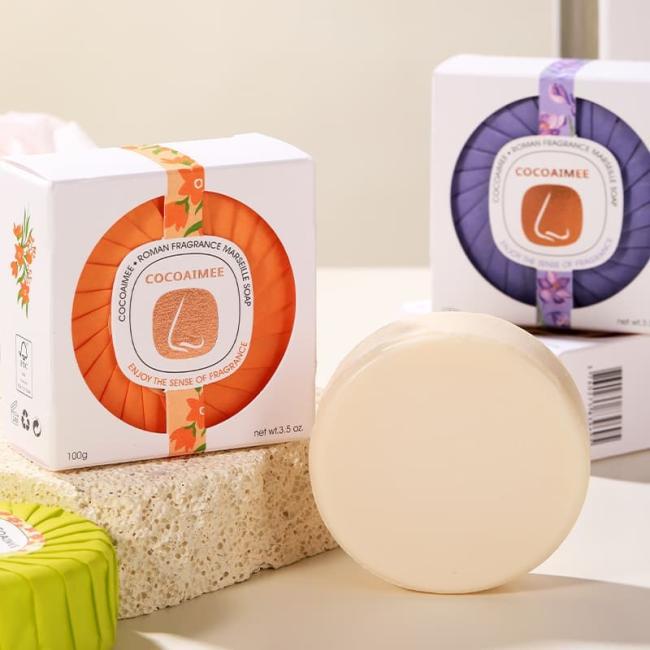 Close-up view of 100g round guest soap with detailed texture