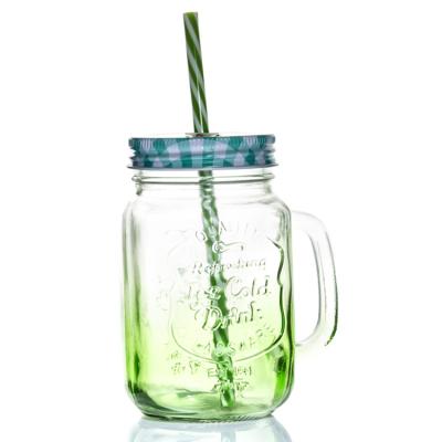 China 500ml logo embossed fruit juice drink glass mason jar with handle and lid for sale