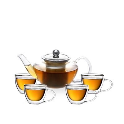 China Glass Tea Set Glass Teapot Tea Infuser and 4 Double-Wall Insulated Glass Cups for sale
