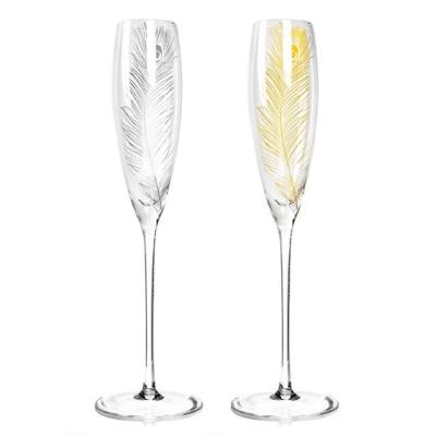 China Made In China Decorative Glassware Golden Feather Champagne Flutes Glass Gift en venta