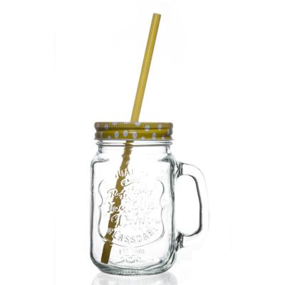 China Clear Decorative Iron Cover 500 Ml Mason Jar With Handle And Straw for sale