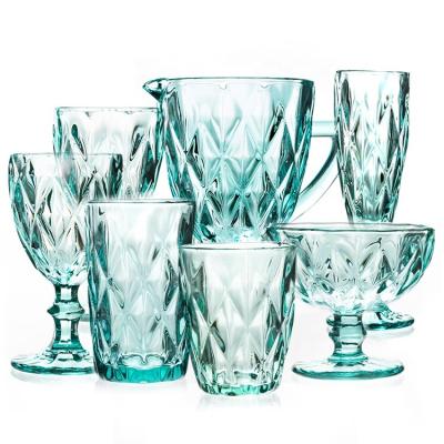 China Hand Blown Diamond Cut Crystal Wine Glasses , 200ml Glass Cup Sky Blue Colored for sale