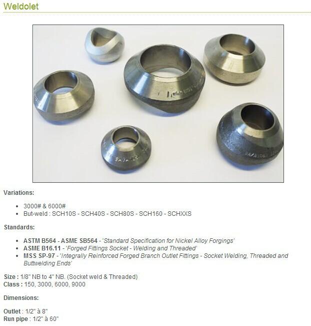 Threadolet, nipolet, weldolet, sockolet, elbolet, sweepolet