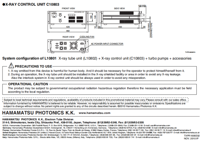 Hamamatsu L10801 X-ray Source detailed dimensional specifications