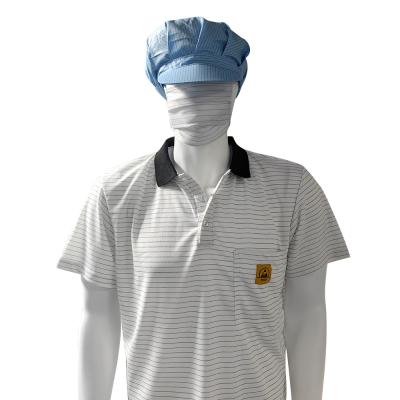 China 7MM Stripe White Silk Knitting ESD Anti Static POLO T-Shirts 99% Polyester 1% Conductive for sale