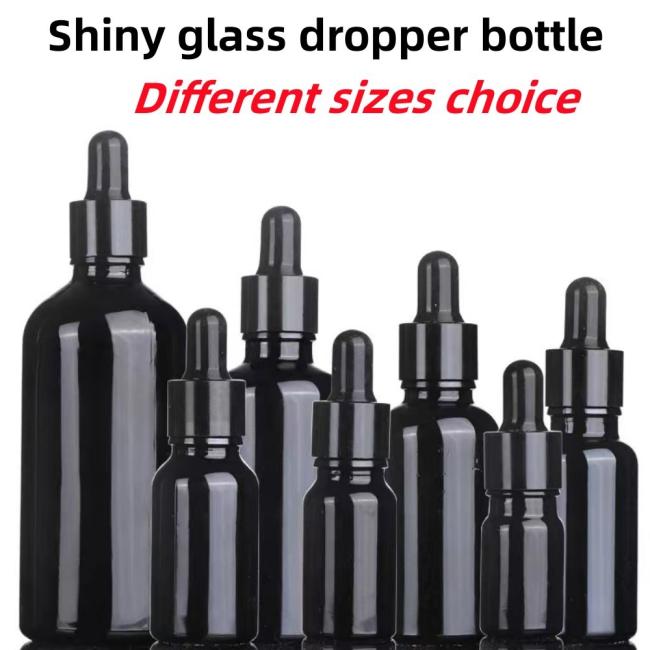 Hot Selling 5ml 15ml 20ml 30ml 50ml Essential Oil Shiny Black Glass Serum Dropper Bottle with Screw Cap Pipette