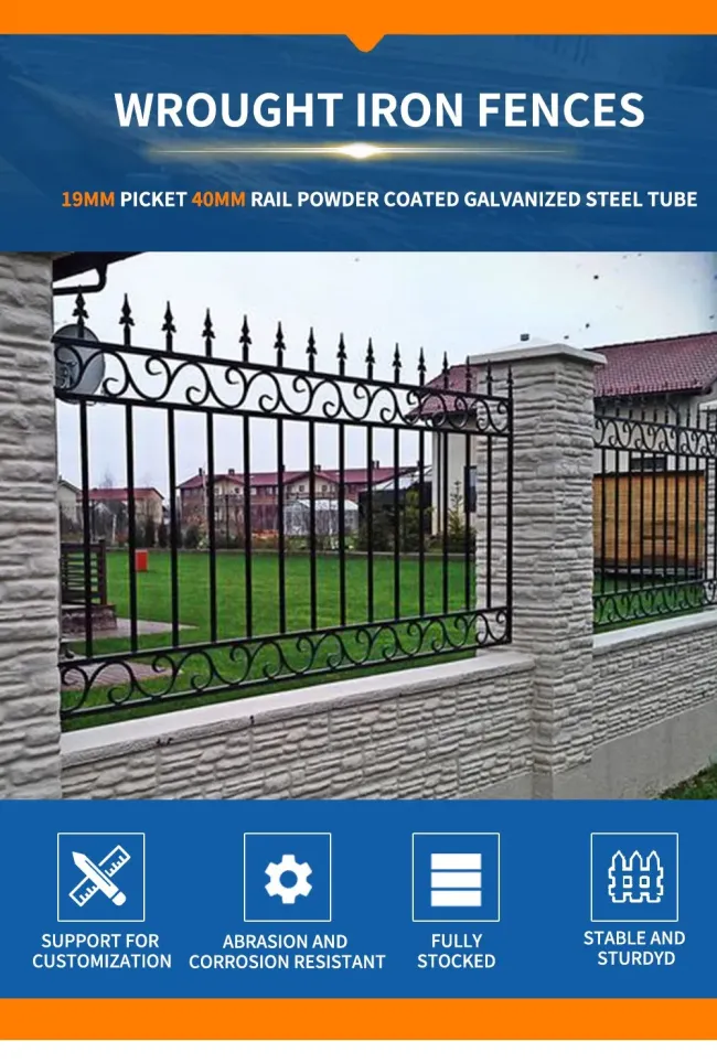 Galvanized steel picket fence panel close-up view