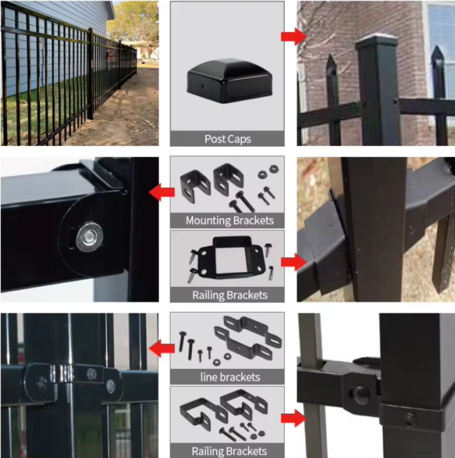 Black Galvanized 6ft 8ft Wrought Iron Fence Steel Picket Fence Panels 1