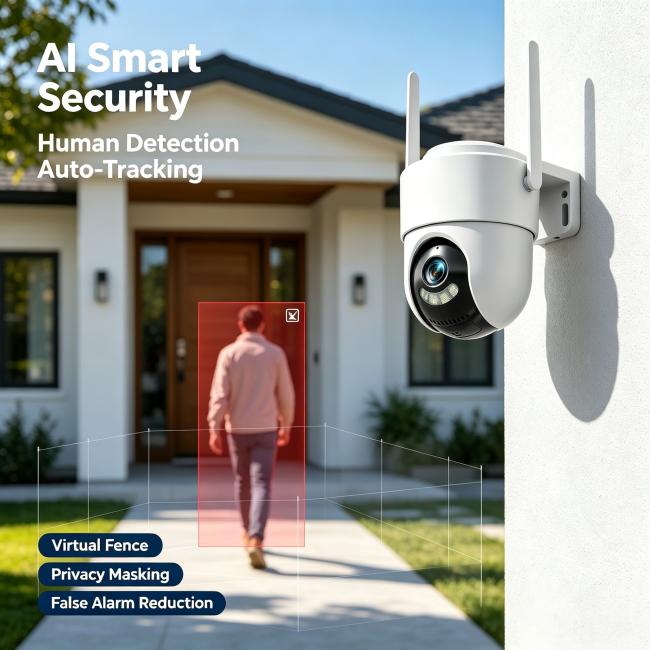AI Smart 3MP PTZ WiFi Security Camera, Wide Angle Surveillance Camera with Night Vision, Two-Way Audio, AI Human Auto-Tracking, Motion Alert, Weatherproof Outdoor Home Security Camera 2