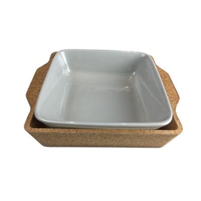 China Ceramic dish with cork tray/cork base 21.5*22.5*5.5cm for sale