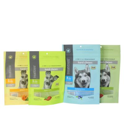 China Custom Logo Stand Up Pet Food Packaging Resealable Dog Snack Pouch With Window Euro Hole for sale