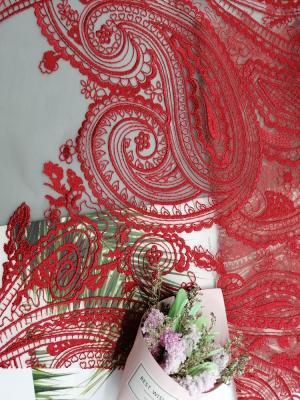 China Red Tulle Mesh Bridal Dress Embroidery Paisley Lace Fabric for sale