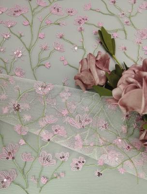 China Pink Flower Lace Fabric OEM Embroidery 3D Sequin Lace Fabric for Dress for sale