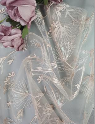 China Light Pink French High End 3d Sequin Embroidered Fabric Tulle Lace Fabric for sale