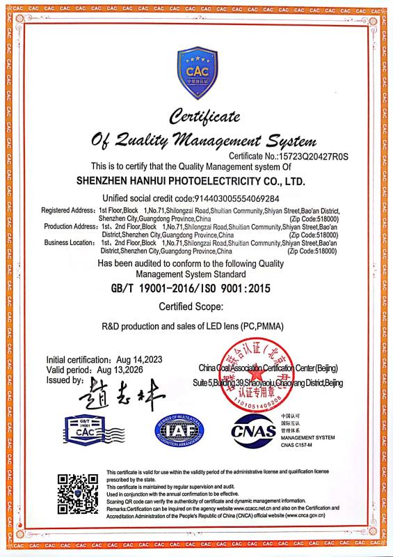 ISO9001 - Shenzhen Hanhui Photoelectricity Co.,Ltd