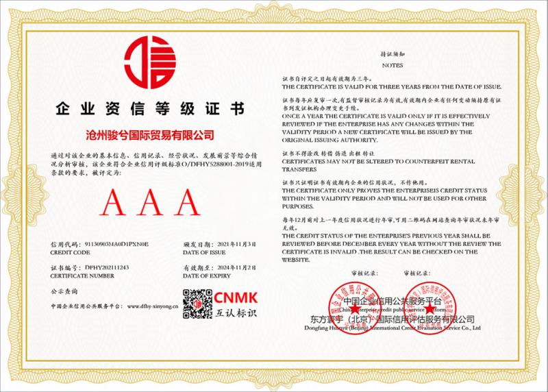 Enterprise Credit Rating Certificate - Cangzhou Junxi Group Co., Ltd.