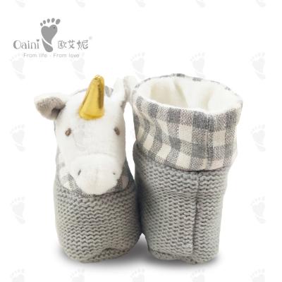 China Grey Soft Cute Plush Baby Shoes Infant White Unicorn Head Baby Boy Shoes for sale