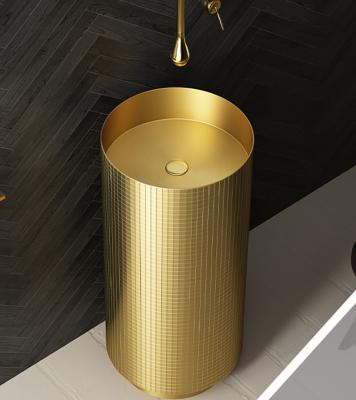 China Floor Standing Stainless Steel Pedestal Sink , Cylindrical Wash Basin Brushed Gold Color for sale