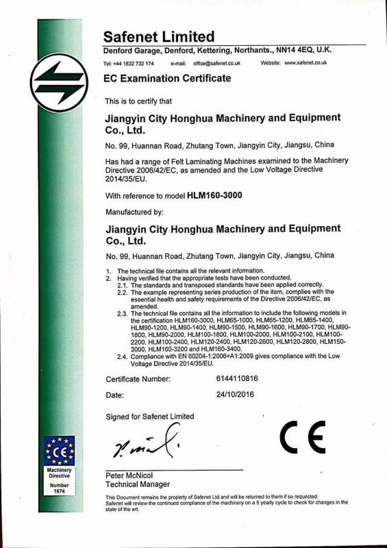 EC Examination Certificate - Jiangyin City HongHua Machinery & Equipment Co., LTD