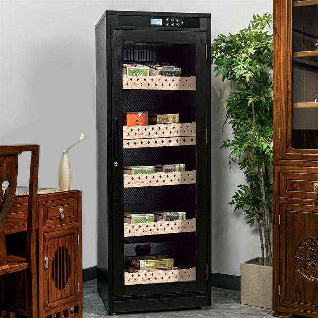 Black Wood Frame Cigar Cooler Humidor With Digital Control And Display Touch Control Lockable Glass Door Wooden Cigar Cooler Humidor Cabinet