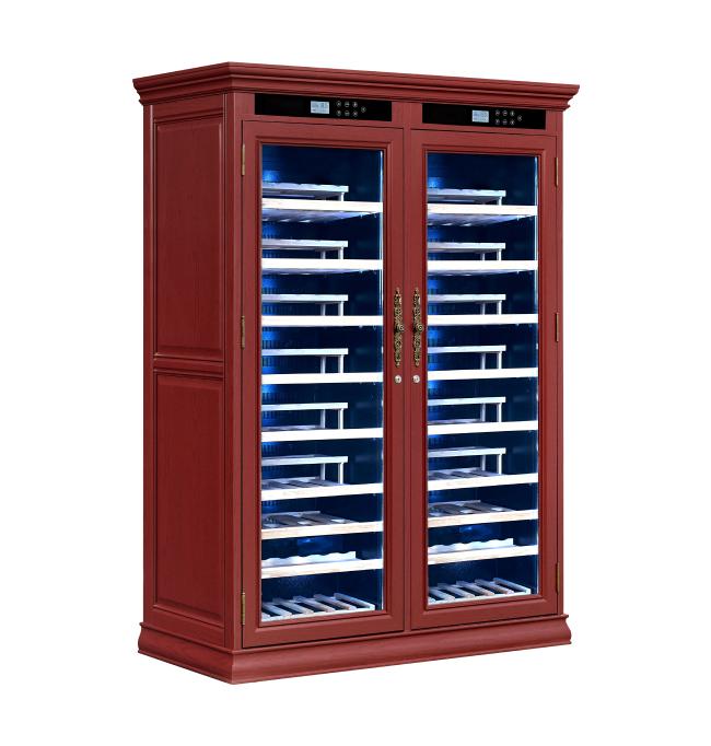 High-Capacity Wooden Wine Cooler Cabinet With Dual Temperature Control High-Capacity Wooden Wine Cooler Cabinet With Dual Temperature Control