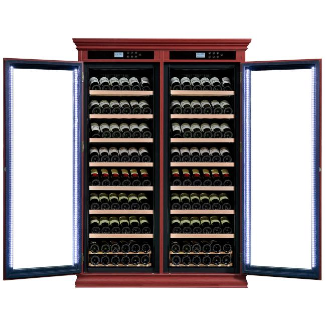 High-Capacity Wooden Wine Cooler Cabinet With Dual Temperature Control High-Capacity Wooden Wine Cooler Cabinet With Dual Temperature Control