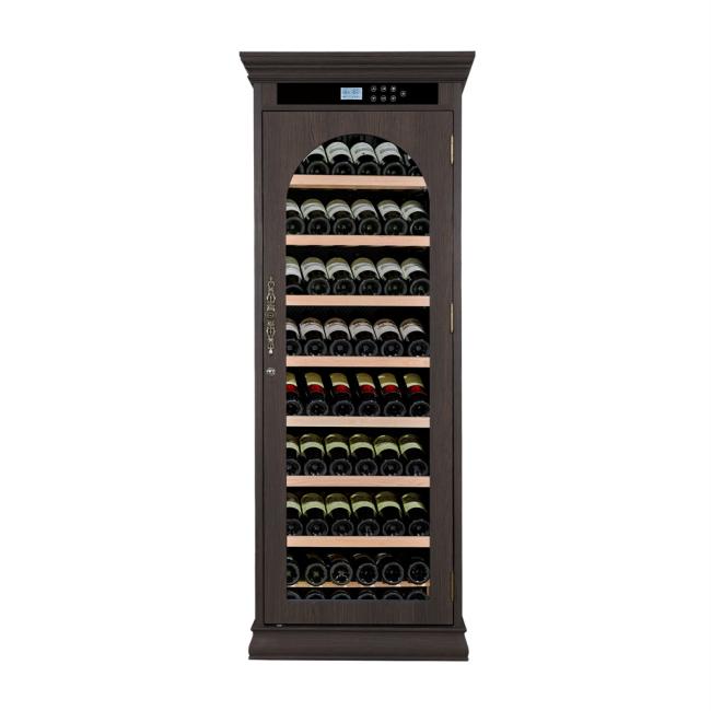 Front view of walnut-toned wood wine cooler with glass door