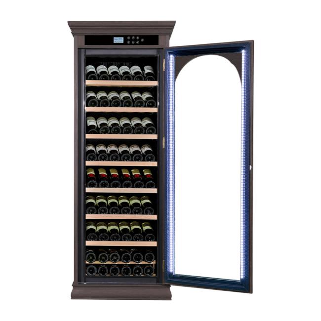 Side view showing wood grain details of wine cooler