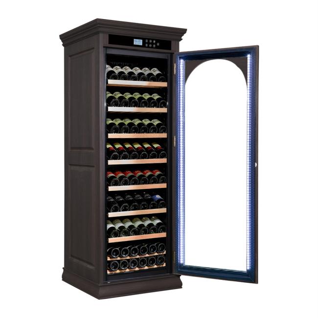 Interior view showing multi-tiered wine bottle storage
