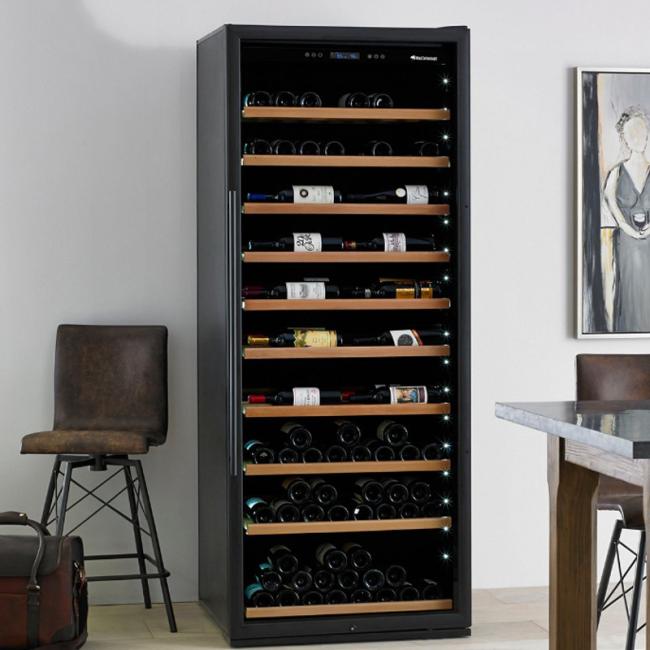 Single zone black wine cooler cabinet in use with wine bottles displayed