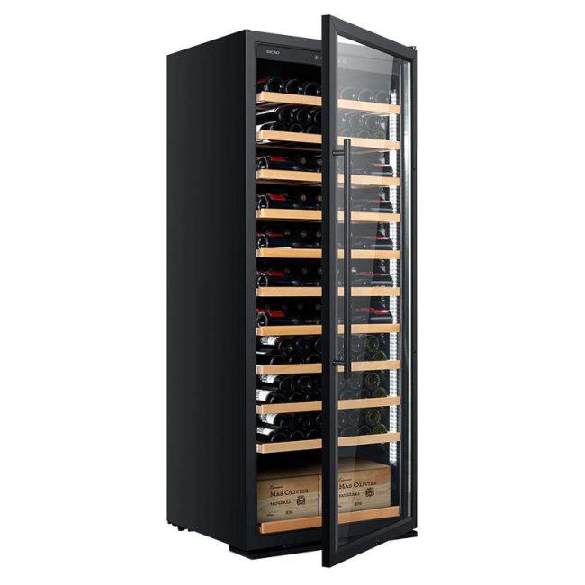 Wine bottles organized on premium wooden shelves inside cooler