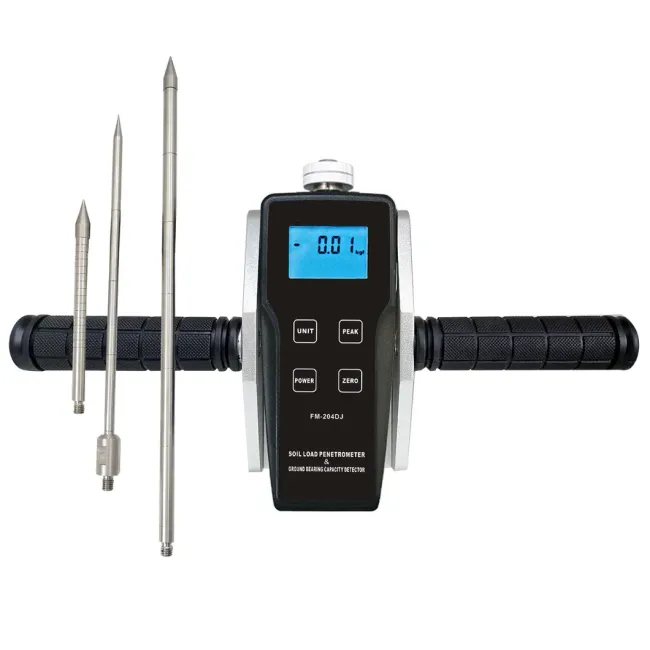 Soil Load Penetrometer FM-204DJ showing the complete testing instrument with probe rods and carrying case