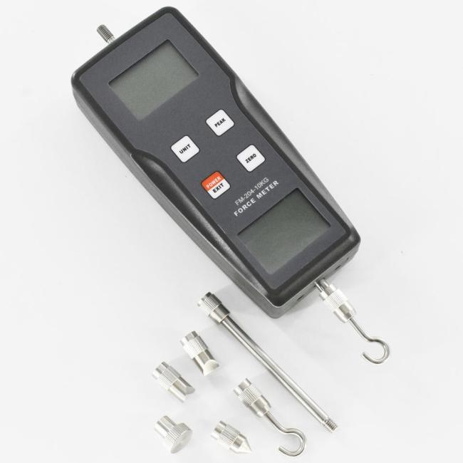 Digital Force Gauge FM-204-100K in use with various testing attachments