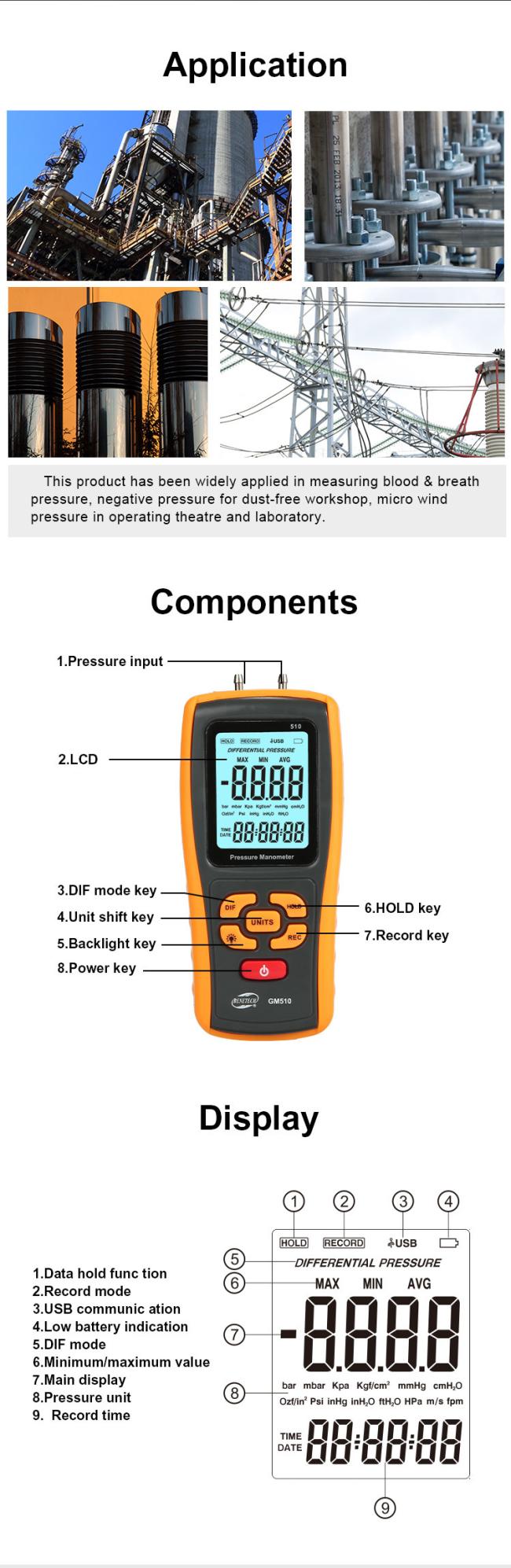 GM500 Series Pressure Manometer accessories included