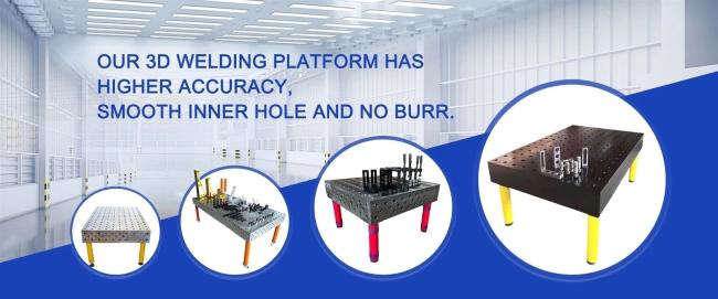 Modular Expandable D28 Welding Fixture Table showing multi-directional fixturing capabilities