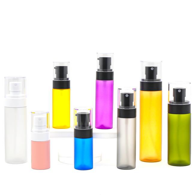 Colorful cosmetic bottles in various sizes and colors