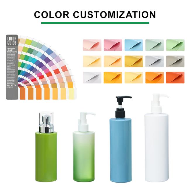 Cosmetic pump bottle full color customization options color chart display