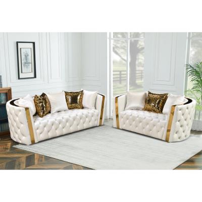 中国 Cara Furniture Beige color Italian Velvet fabric Gold metal armrest corner sofa 3+2+1 Luxury Cheap sofa set 販売のため