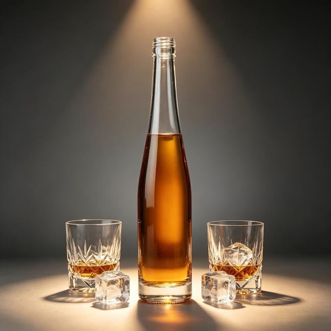 A bottle of golden-hued whiskey, accompanied by two crystal glasses filled with ice and scattered ice cubes, set against a minimalist dark gray background illuminated by a spotlight from above.