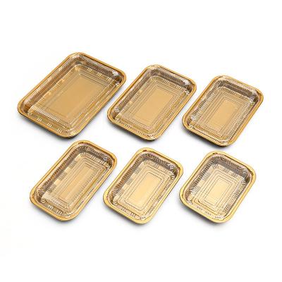 China Caja de sushi japonesa desechable Caja de embalaje de plástico dorado con tapa Caja de sushi de alta gama bento hecha por fabricantes en venta