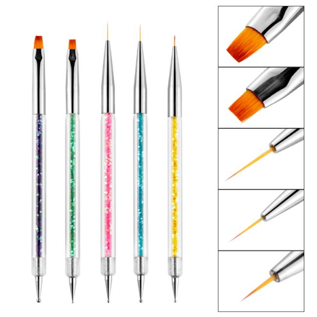 FOCSTAR 5pcs Double Ended Professional Use Nail Art Liner Brush Set Acrylic Nylon Material 14.5cm Dotting Painting Pen Nail
