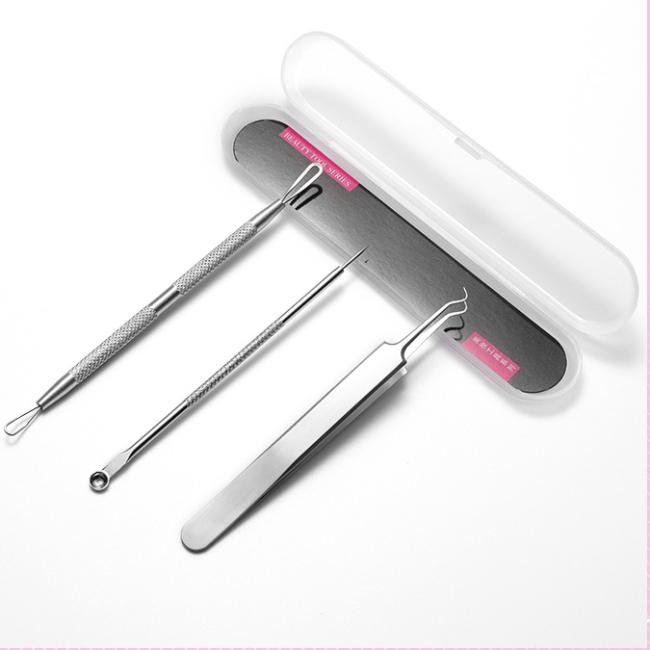 Focstar Hot Selling 3-in-1 Stainless Steel Beauty Needle Set (BTE037) for Acne Blackhead Pimple Removal Face Includes Tweezers