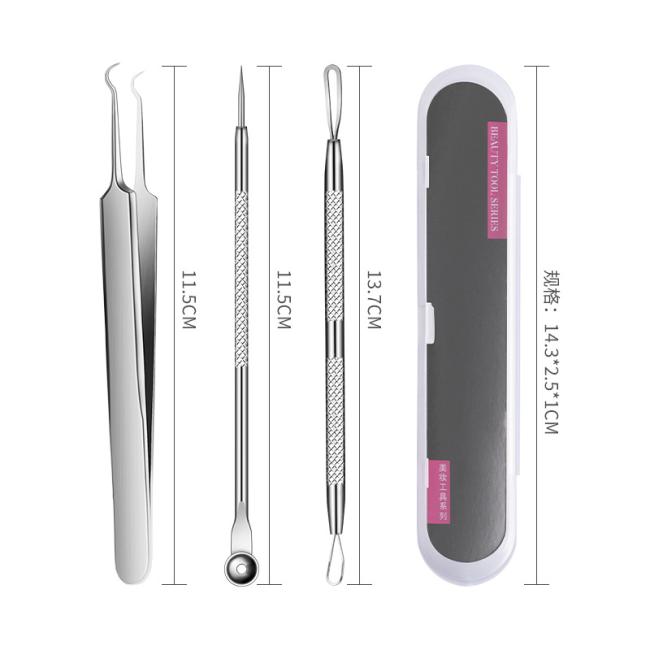 Focstar Hot Selling 3-in-1 Stainless Steel Beauty Needle Set (BTE037) for Acne Blackhead Pimple Removal Face Includes Tweezers