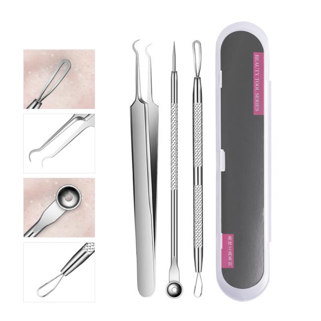 Focstar Hot Selling 3-in-1 Stainless Steel Beauty Needle Set (BTE037) for Acne Blackhead Pimple Removal Face Includes Tweezers