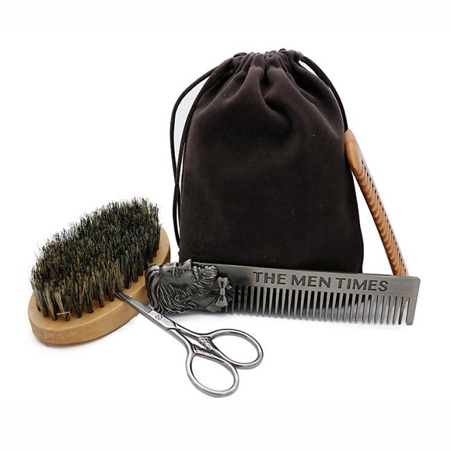 FOCSTAR Ready to Ship 4 in 1 Stainless Steel Mens Beard Grooming Set Scissors Comb Brush Kit with Giftbox (BTA009)