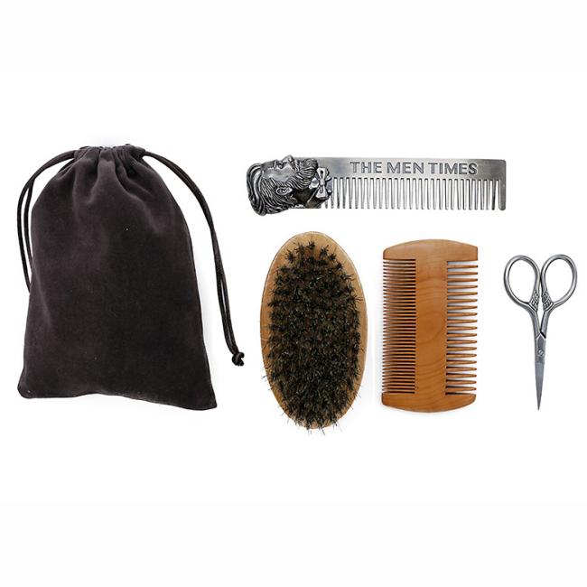 FOCSTAR Ready to Ship 4 in 1 Stainless Steel Mens Beard Grooming Set Scissors Comb Brush Kit with Giftbox (BTA009)