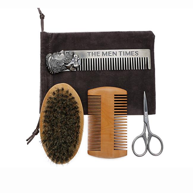 FOCSTAR Ready to Ship 4 in 1 Stainless Steel Mens Beard Grooming Set Scissors Comb Brush Kit with Giftbox (BTA009)