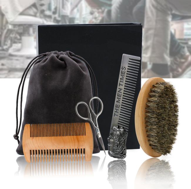 FOCSTAR Ready to Ship 4 in 1 Stainless Steel Mens Beard Grooming Set Scissors Comb Brush Kit with Giftbox (BTA009)